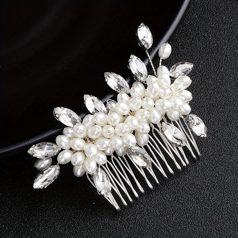 Faux Pearl Hair Comb Floral Rhinestone Alloy Hair Comb Hairpin for Girls Women