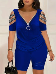Plus Size Rhinestone Decor Cut Out Sleeve Top & Ripped Shorts Set