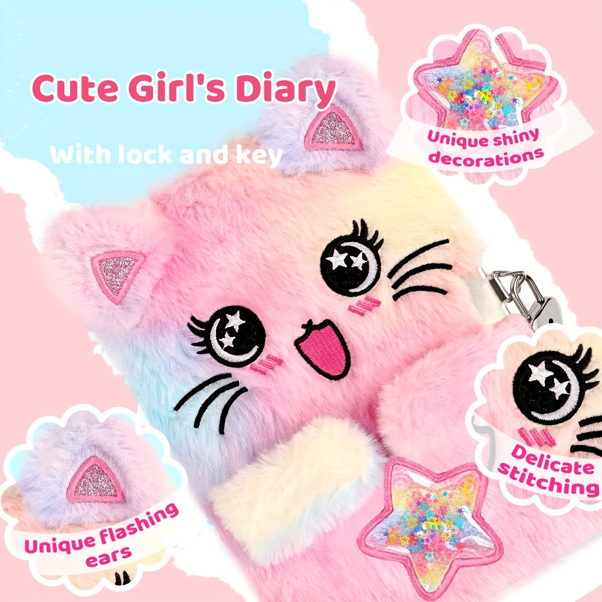 Girl Cat Diary with Lock and Key Tie Dye Plush Flocked Cover Star Cat Pink