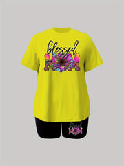 Flower & Letter Print Tee & Shorts Set