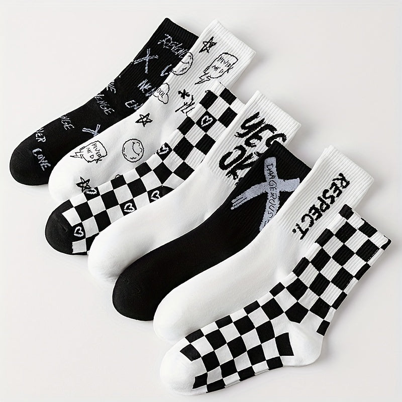 7 Pairs Letter & Plaid Print Socks - Casual Street Women's Stockings & Hosiery