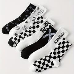 7 Pairs Letter & Plaid Print Socks - Casual Street Women's Stockings & Hosiery