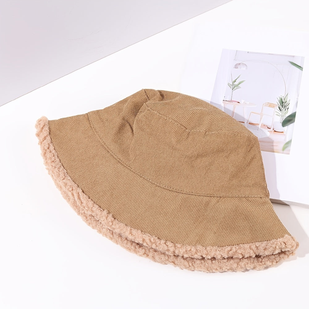 Warm Lamb Wool Bucket Hat Fleece Corduroy Flat Top 4 Colors