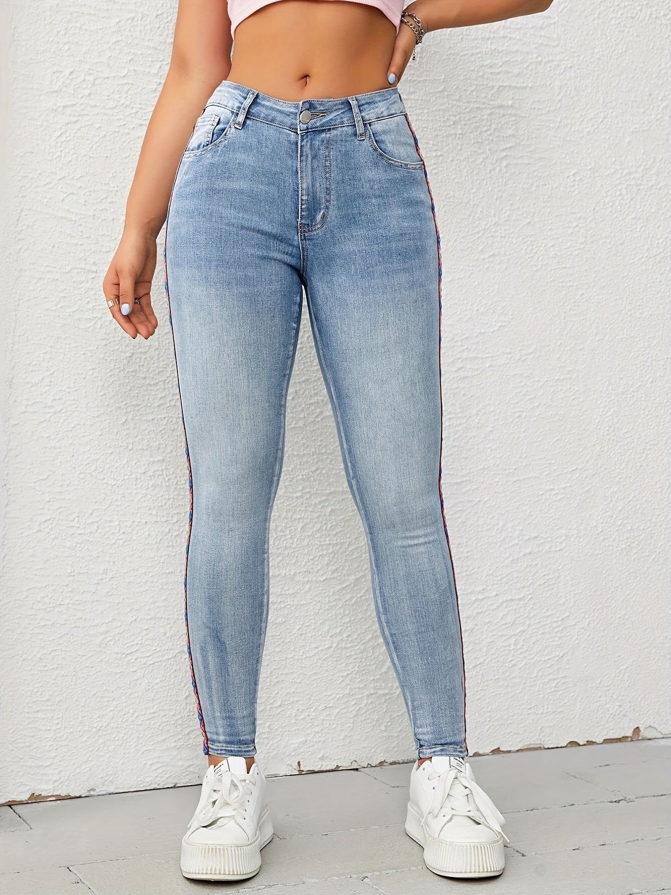 Geometric Pattern Embroidery Skinny Jeans Slash Pocket Boho Denim Pants