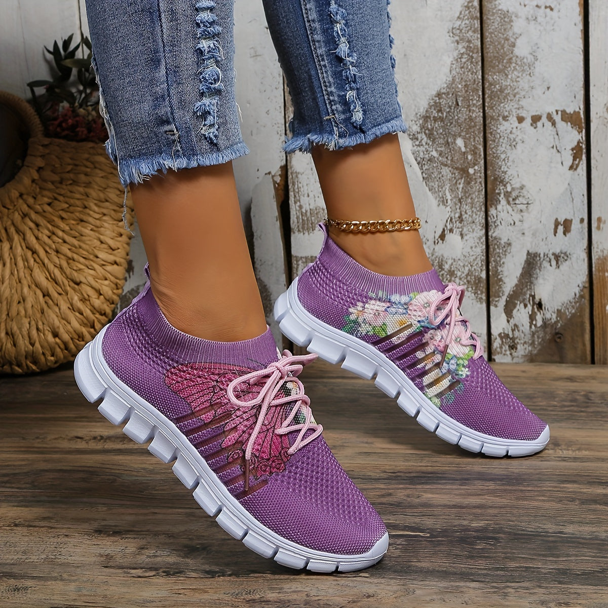 Women's Knit Sock Sneakers Butterfly & Floral Print Sports Shoes