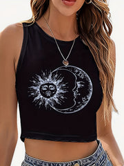 Funny Sun & Moon Graphic Crop Tank Top