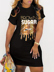 Plus Glitter Lip & Slogan Print Round Neck Dress