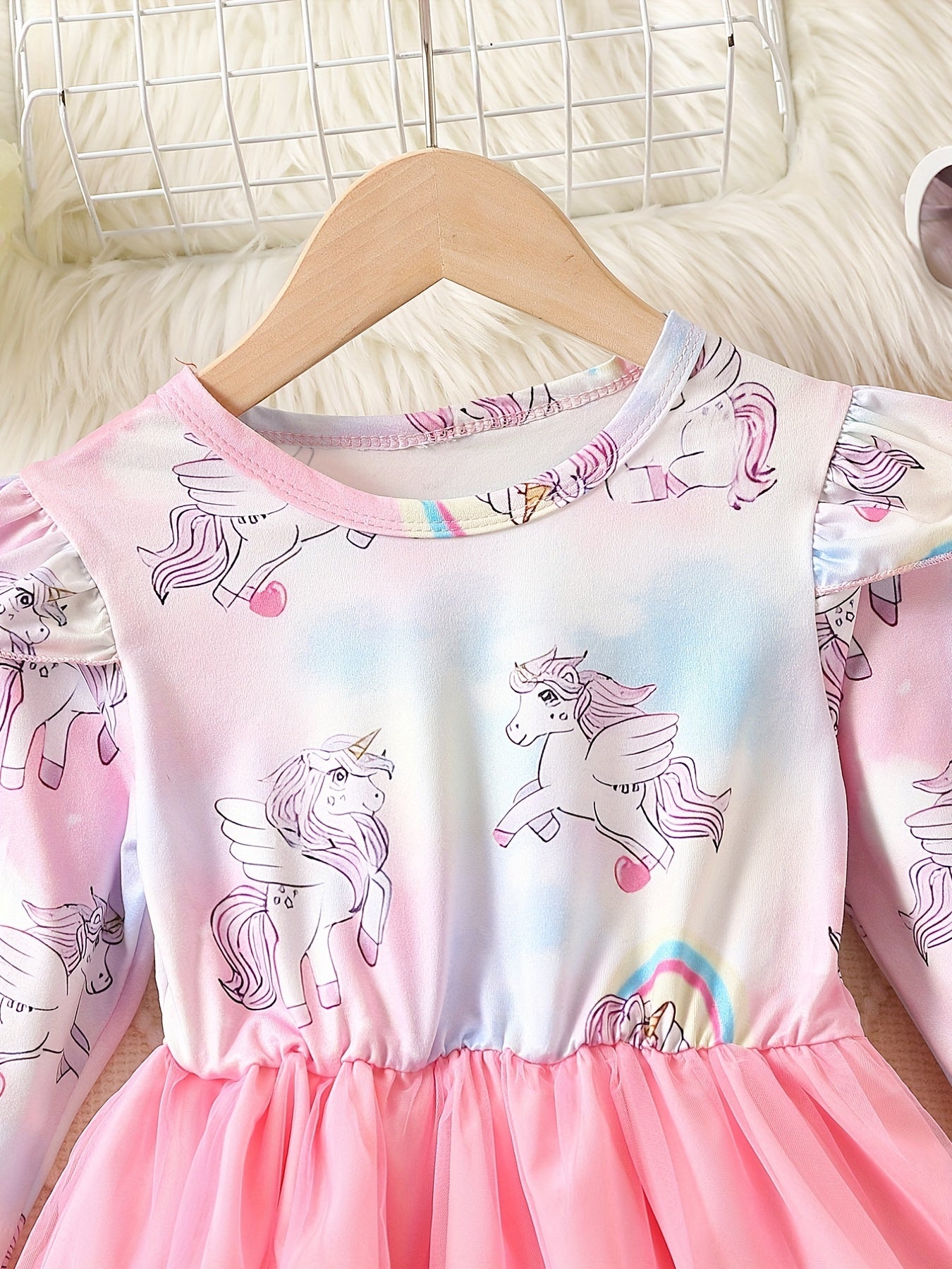 Girls' Long Sleeve Unicorn Tutu Dress Frill Trims for Party Birthday