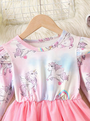 Girls' Long Sleeve Unicorn Tutu Dress Frill Trims for Party Birthday