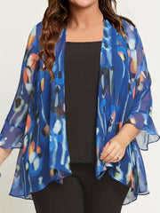 Random Print Long Sleeve Cover Up & Tank Top Outfits Set
