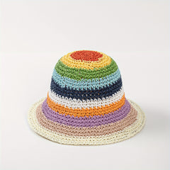 Rainbow Striped Sun Hat Boho Crochet Straw Cloche Hat LGBT Pride Bucket Hat