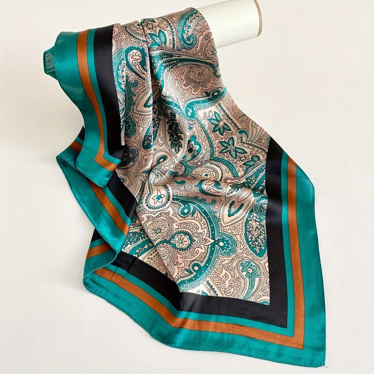 Vintage Satin Square Scarf Paisley Print Large Shawl Bandana