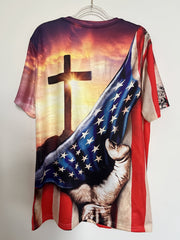 Men's American Flag & Cross Graphic T-shirt - Casual Stretch Tee