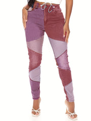 Patchwork Mid Waist Denim Pants Colorblock Stretchy Denim Jeans