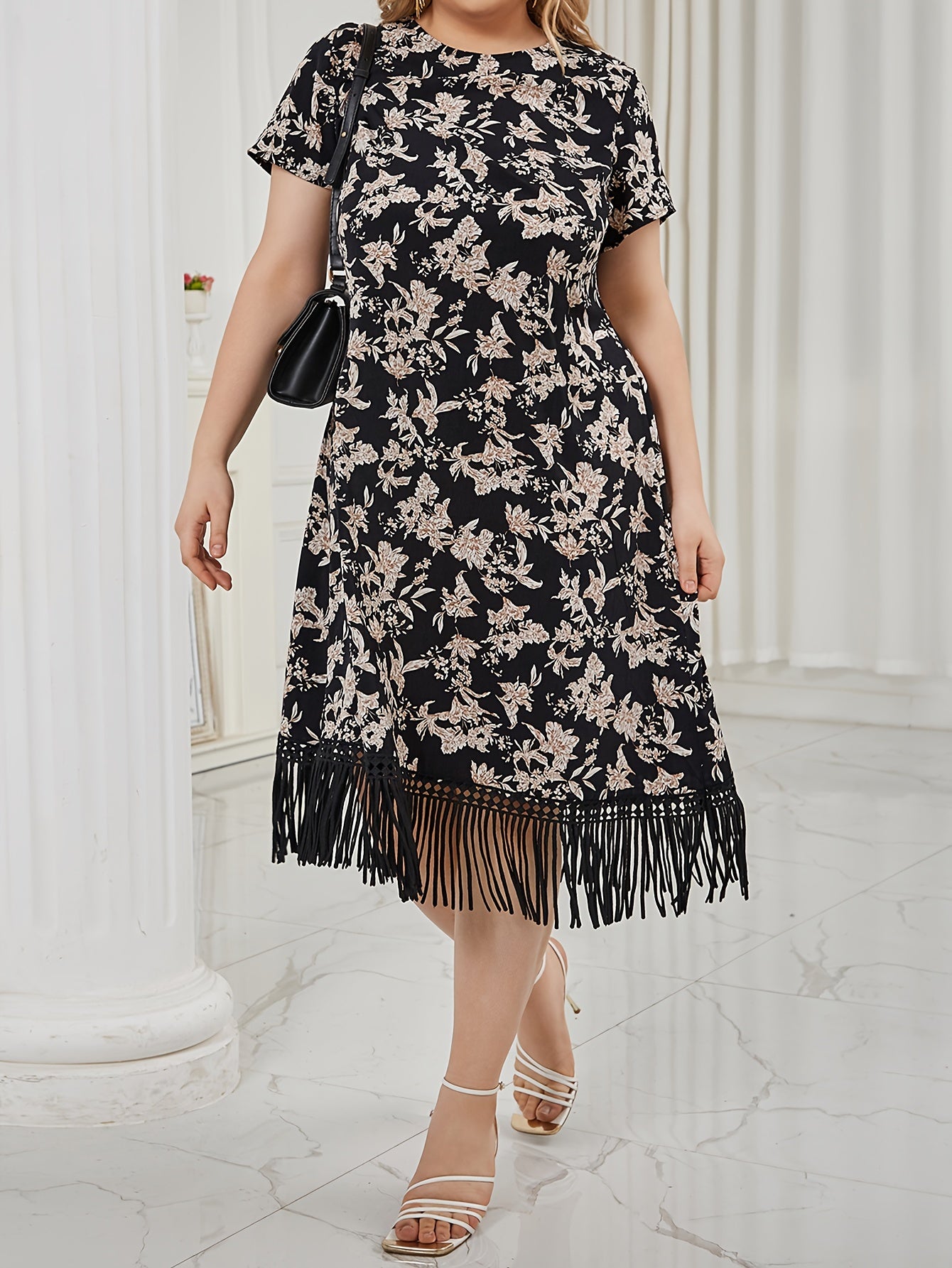 Floral Print Short Sleeve Midi Dress with Fringe Trim