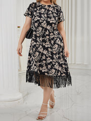 Floral Print Short Sleeve Midi Dress with Fringe Trim