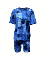 Patchwork Casual Two piece Set Crew Neck Short Sleeve T shirt & Slim Shorts