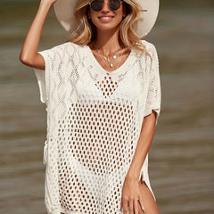 Eyelet Hollow Crochet Tie Side Beach Cover Up Batwing Split Thigh Solid Boho Bea