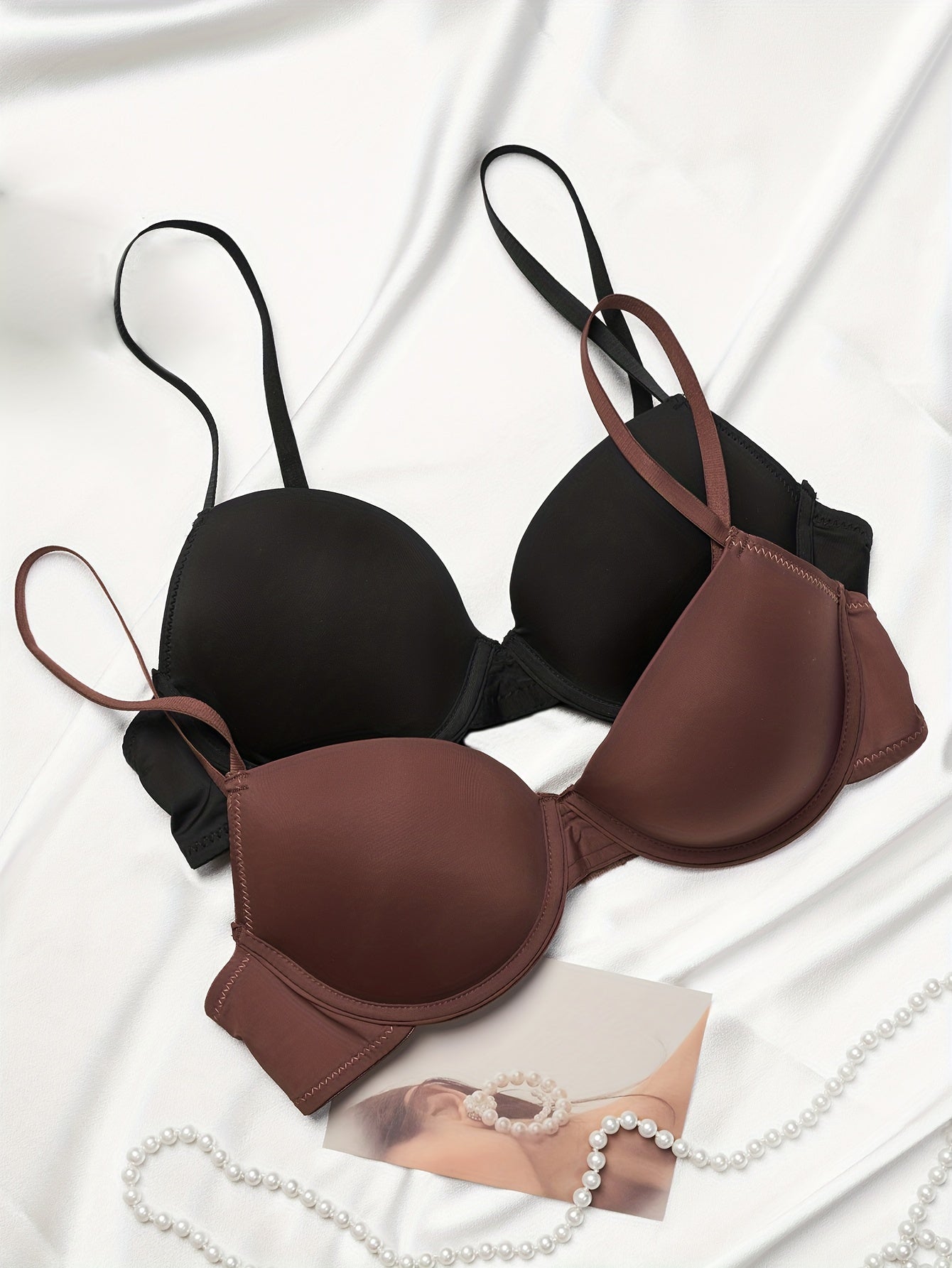 2pcs Solid T Shirt Bras Comfy & Breathable Push Up Bra Women's Lingerie