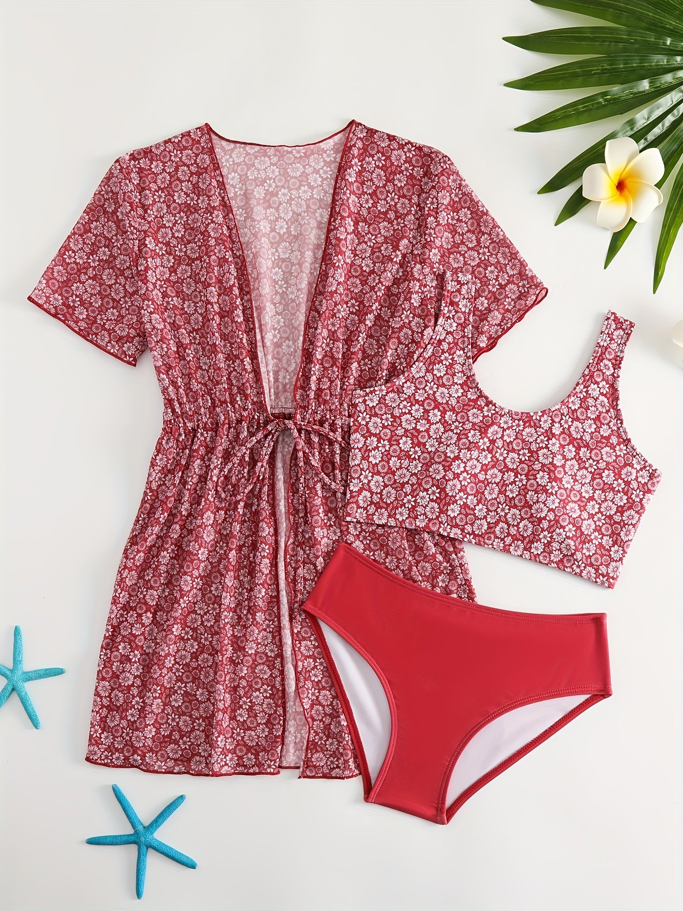 Girls' Tropical Print Bikini Set with Sunscreen Cardigan Shirt