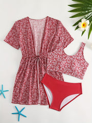 Girls' Tropical Print Bikini Set with Sunscreen Cardigan Shirt