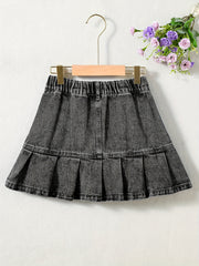 Girls Denim Mini Skirt with Elastic Waist & Pockets - Summer A-line Pleated