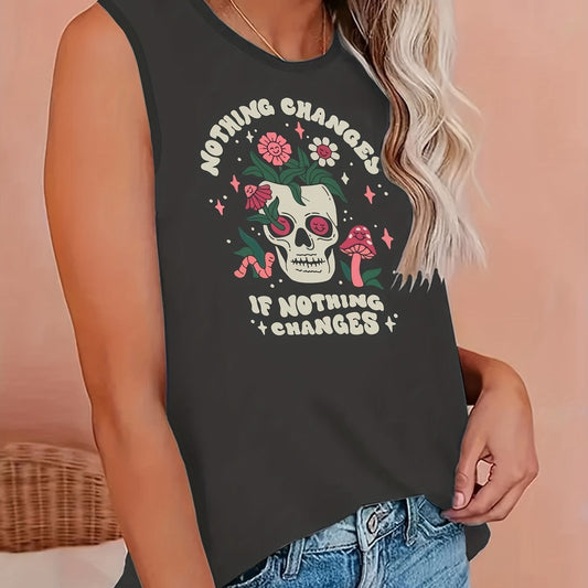 Slogan & Floral Skull Print Tank Top