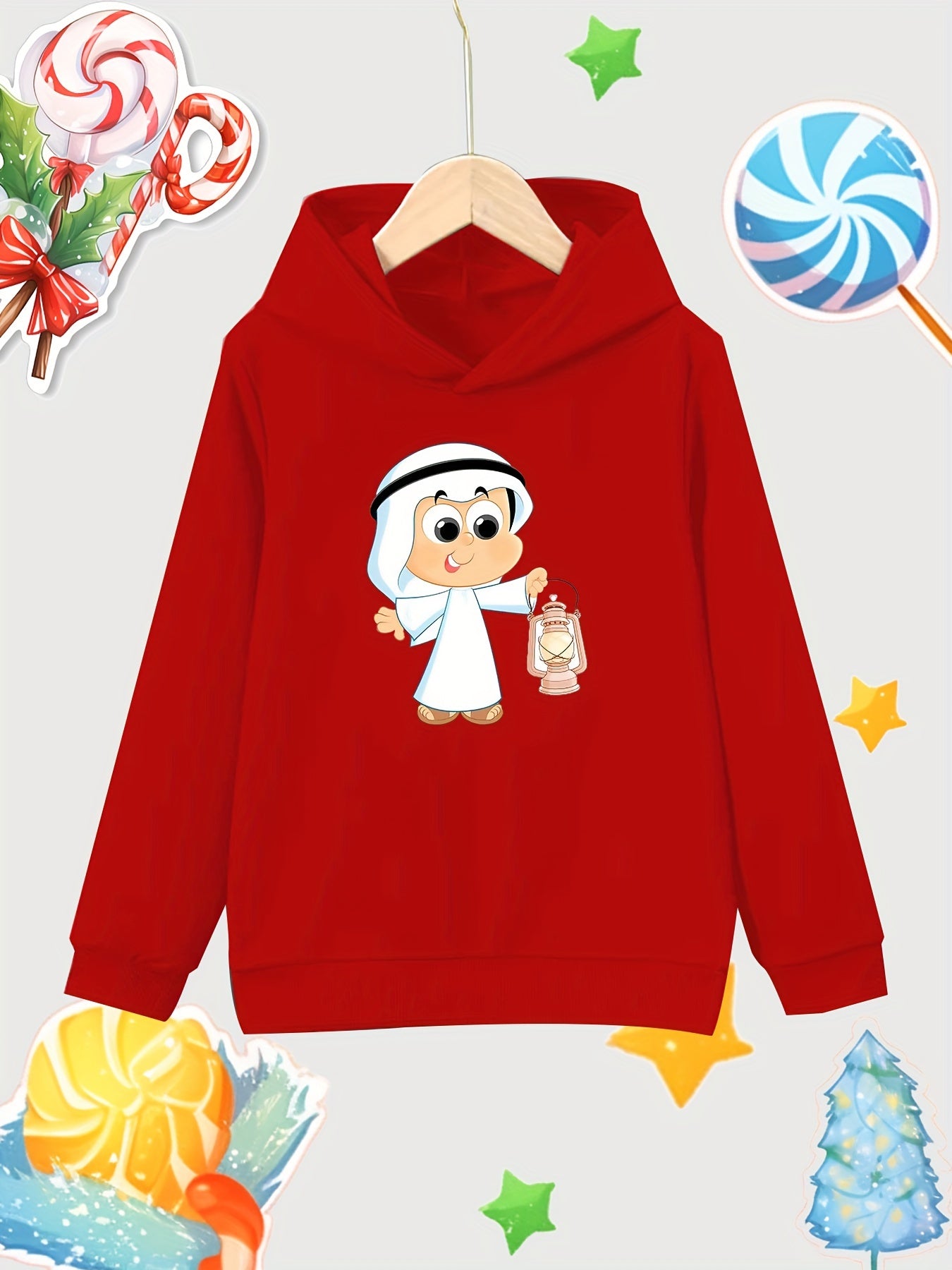 Cartoon Boy Pattern Girl's Cotton Hoodie Active Hooded Sweatshirt