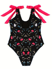 Floral Print Tie Shoulder V Neck One Piece Swimsuit