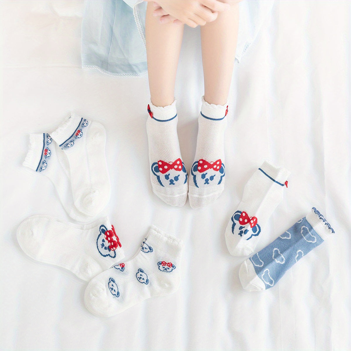 5pcs Cartoon Cat Breathable Lace Crew Socks Girls Cotton Socks