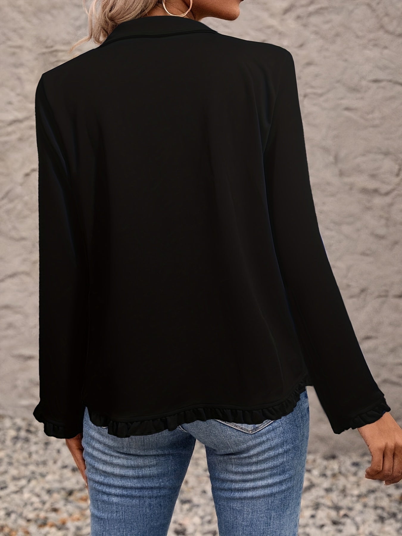 Ruffle Trim Blazer Solid Long Sleeve Lapel Women's Office Blazer