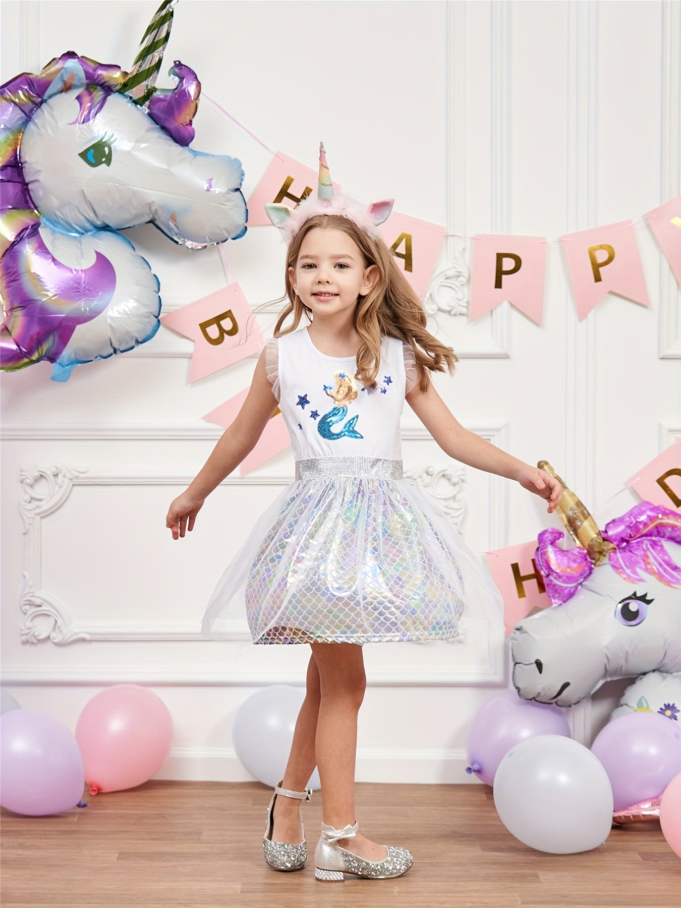 Girls Casual Cartoon Princess Dress Mermaid Sleeveless Mesh Dress