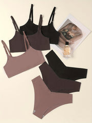 3pcs Solid Bra & Panties Set Full Coverage Seamless Lingerie Women's Underwear