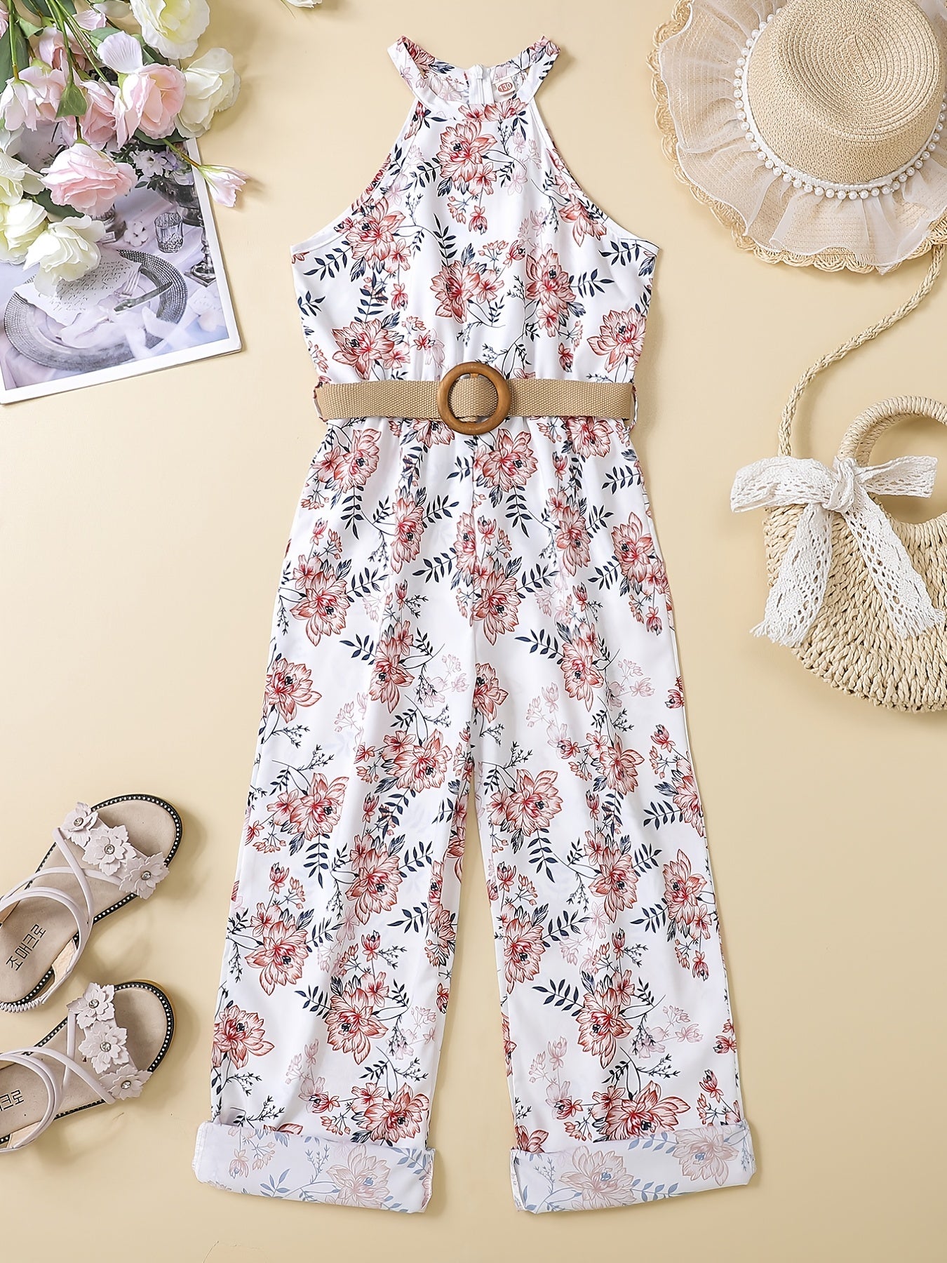 Girls Sleeveless Flowers Halter Neck Rompers Jumpsuits for Beach Vacation