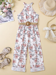 Girls Sleeveless Flowers Halter Neck Rompers Jumpsuits for Beach Vacation