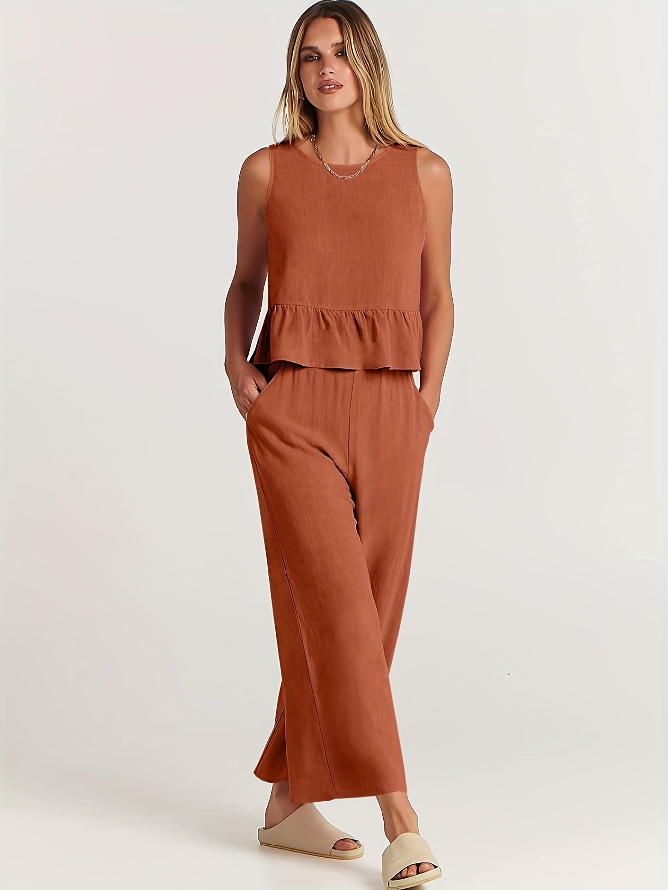 Plus Solid Button Decor Ruffle Trim Tank Top & Wide Leg Pants Set