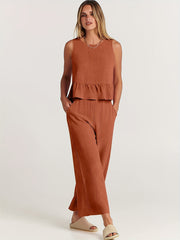 Plus Solid Button Decor Ruffle Trim Tank Top & Wide Leg Pants Set