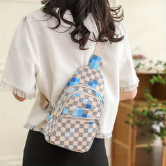 Plaid Pattern Sling Bag PU Leather Chest Purse Colorblock Crossbody Bag