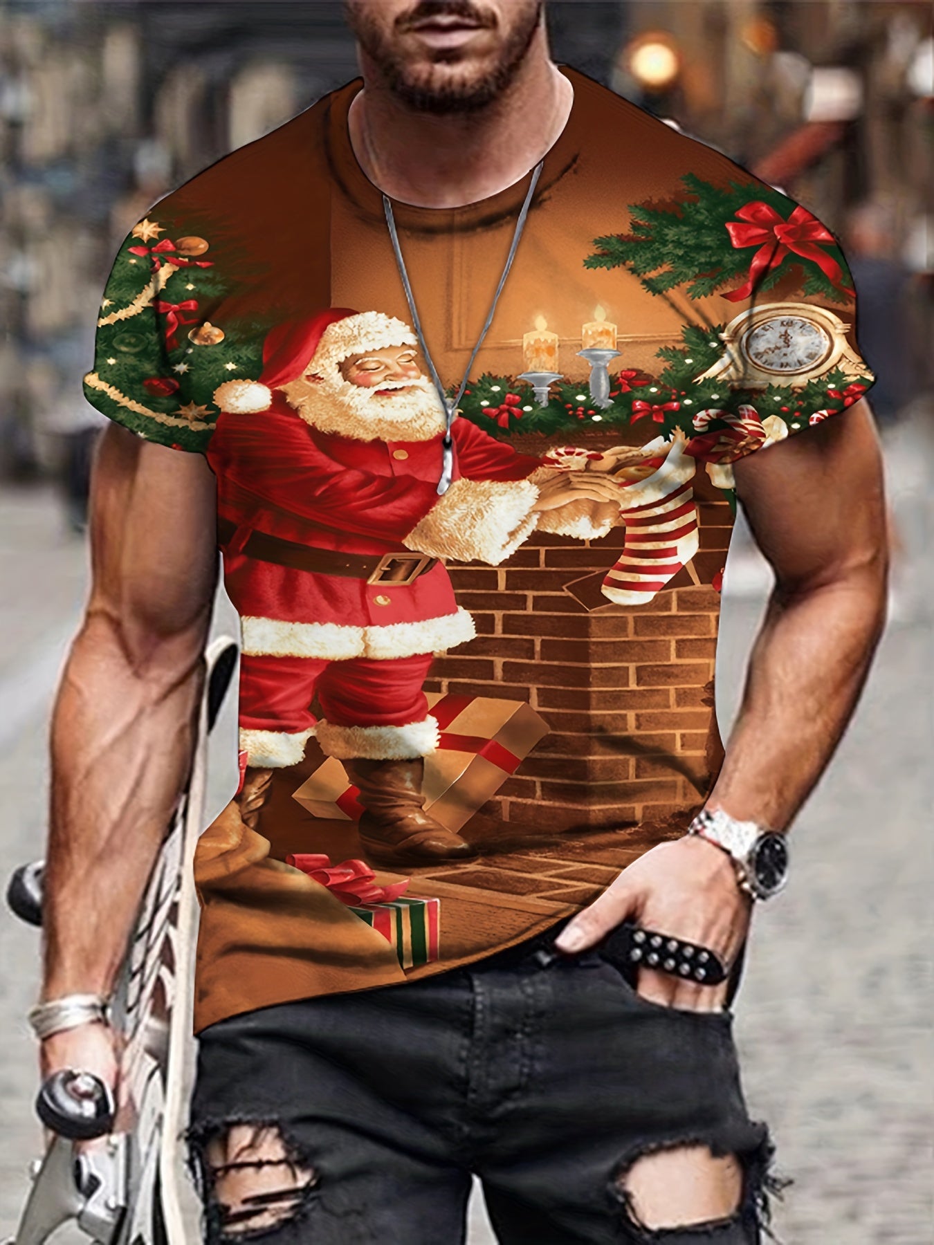 Santa Claus Print Men's Short Sleeve T Shirt Autumn Tee