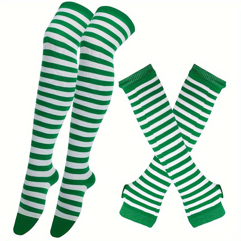 2 Pairs Set Long Over Knee Socks Colorful Striped Gloves Set