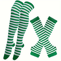 2 Pairs Set Long Over Knee Socks Colorful Striped Gloves Set