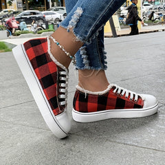 Women's Plaid Canvas Low Top Flat Sneakers Lace Up Walking Shoes