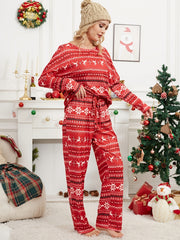 Christmas Outfits Set Women's Plus Allover Print Long Sleeve Round Nec