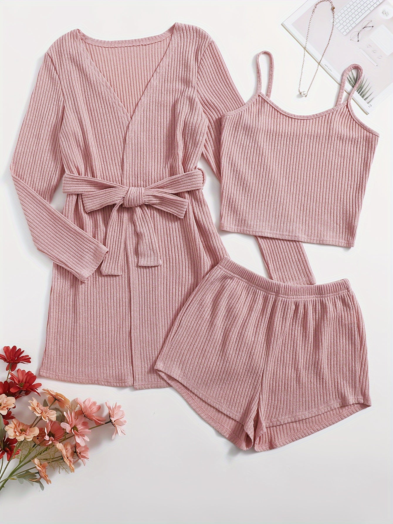 Women's Pajama Set Long Sleeve Robe & Cami Top & Shorts