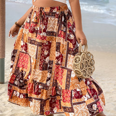 Patchwork Print Maxi Skirt with Ruffle Trim