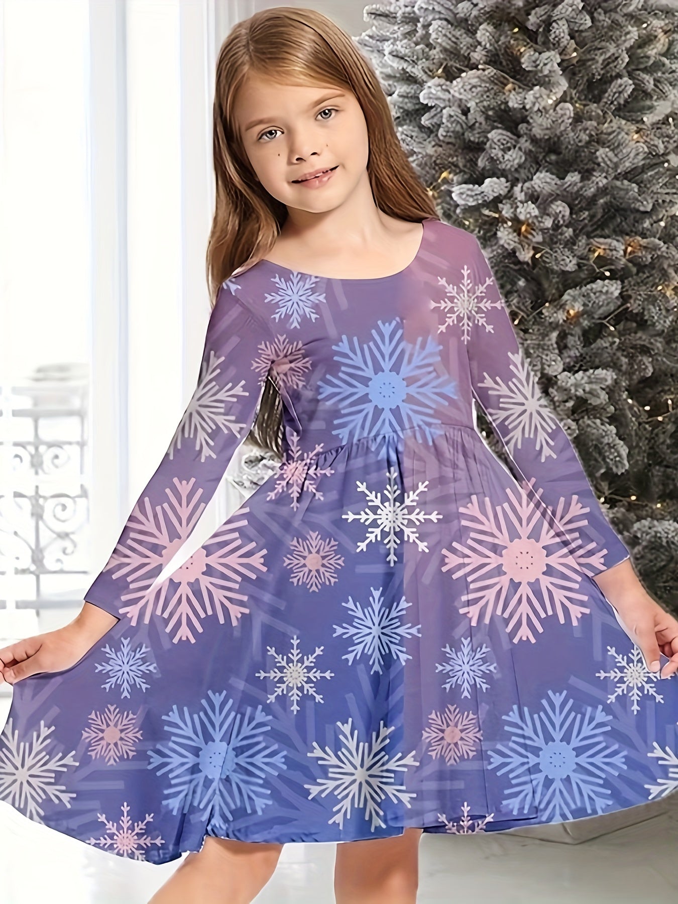 Snowflake Graphic Long Sleeve Dress Girls Christmas Party