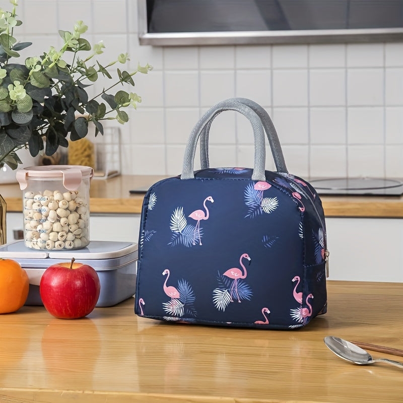Flamingo Print Insulated Lunch Box Bag Portable Canvas Handbags