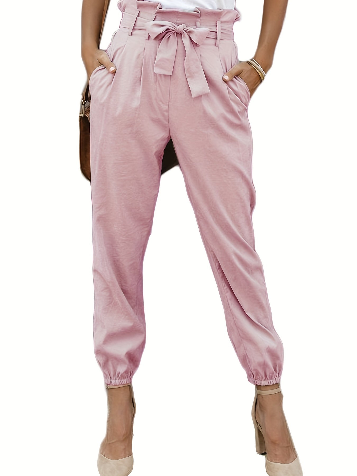 Tie Front Ruched Pants Casual High Waist With Pockets