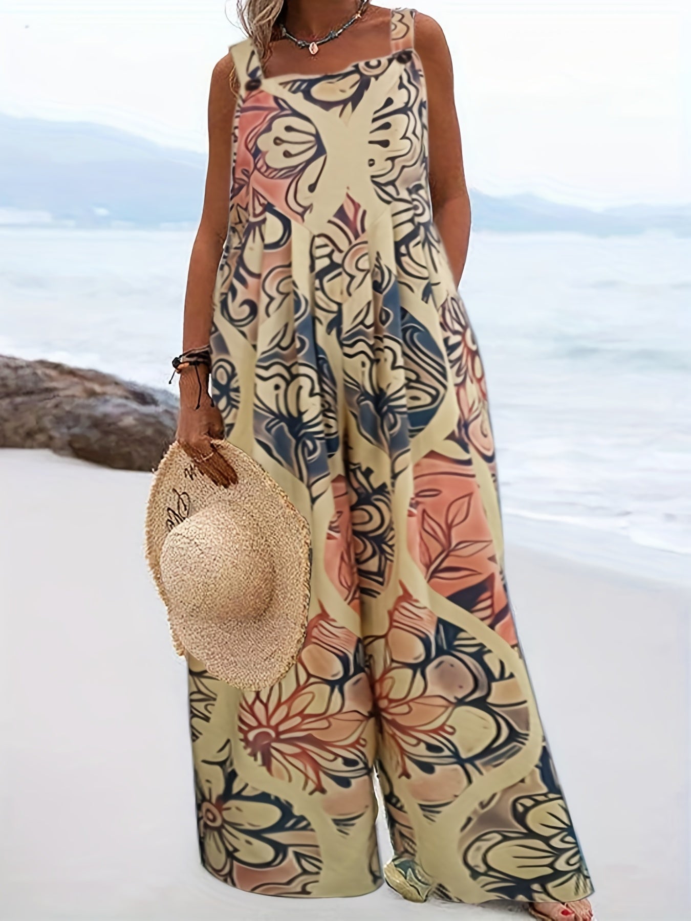 Graphic Print Wide Leg Jumpsuit Summer Sleeveless Casual Jumpsuit