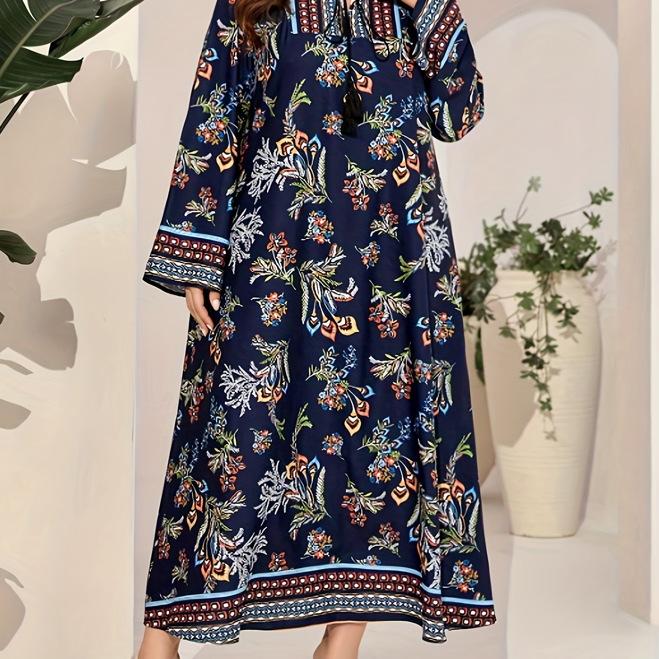 Border Floral Print Abaya Dress Fringe Tie Neck Maxi Jalabiya Dress